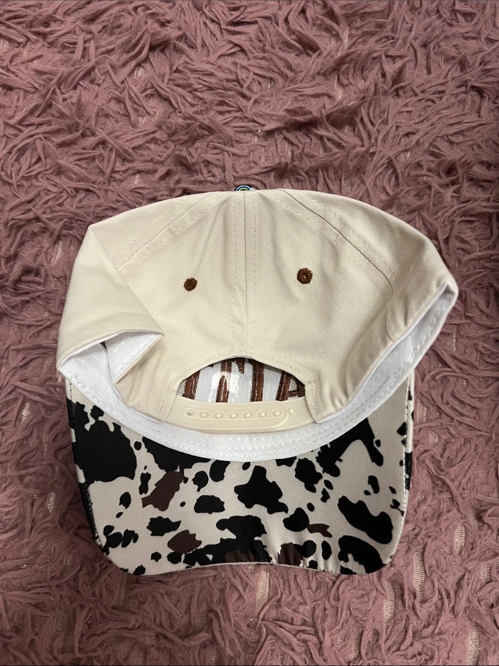 NWT cream 'FAITH' Trucker Hat with Black & Brown Cow Print Brim